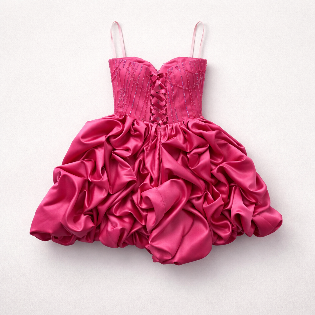 Rochie mini roz fucsia cu paiete și volum spectaculos