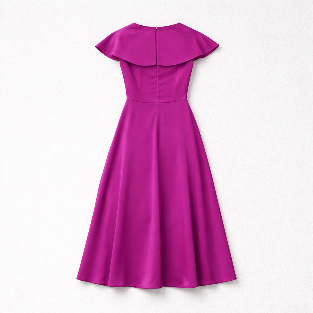Rochie midi elegantă fucsia cu volane și talie accentuată