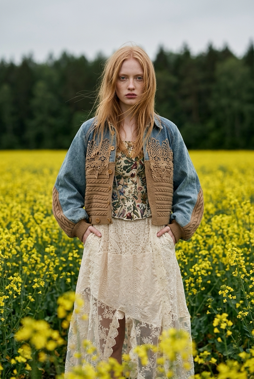 Jachetă din denim cu detalii croșetate și broderie