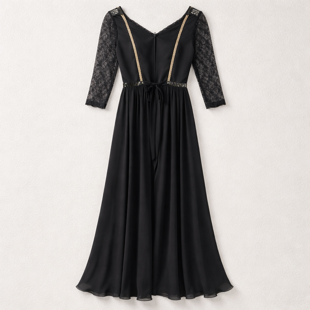 Rochie lungă elegantă neagră cu dantelă și detalii aurii