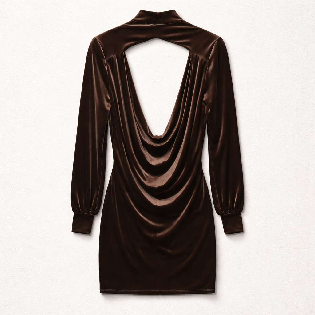 Rochie maro din catifea cu mâneci lungi și talie elastică – stil elegant de sezon