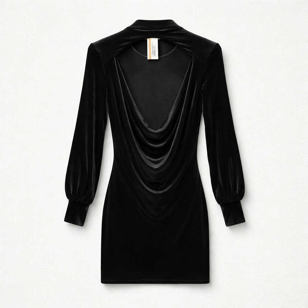 Rochie neagră din catifea cu mâneci lungi și guler lejer – elegantă și feminină