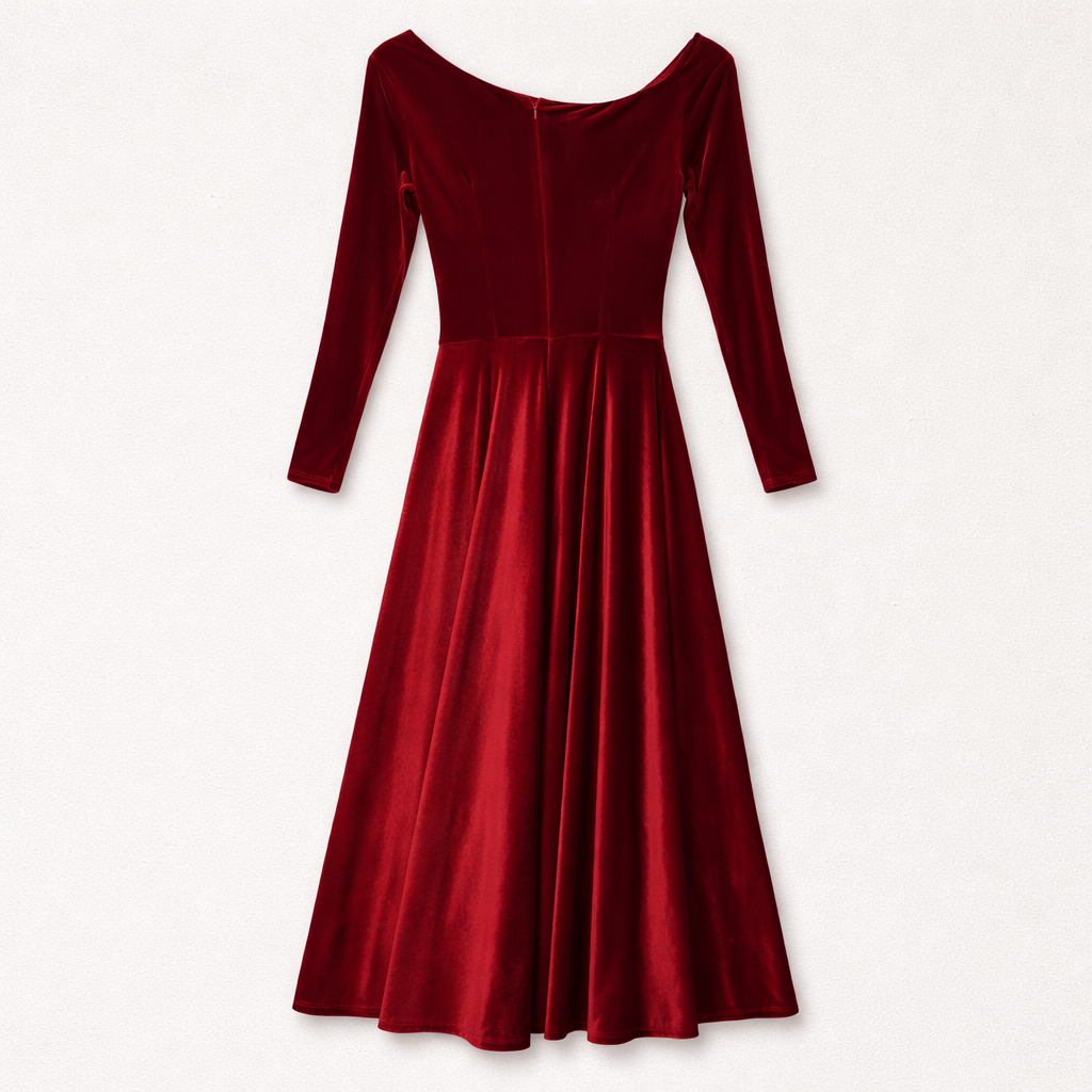 Rochie midi din catifea bordo, elegantă, cu mâneci lungi și detalii decorative