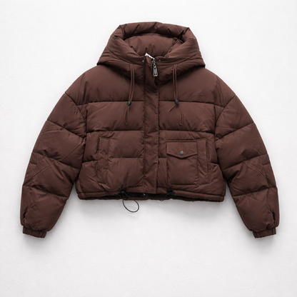 Geacă Puffer Cropped Maro cu Glugă
