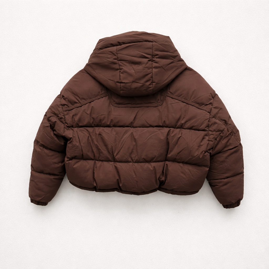 Geacă Puffer Cropped Maro cu Glugă