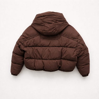 Geacă Puffer Cropped Maro cu Glugă
