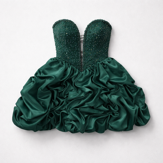 Rochie tafta verde smarald cu bustieră accesorizata