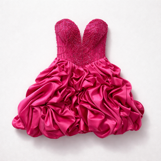 Rochie mini roz fucsia cu paiete și volum spectaculos