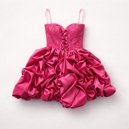 Rochie mini roz fucsia cu paiete și volum spectaculos