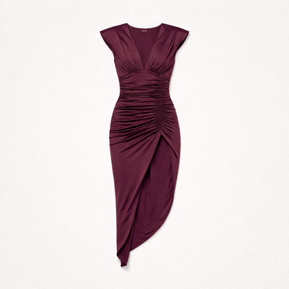 Rochie midi cu drapaj și slit elegant