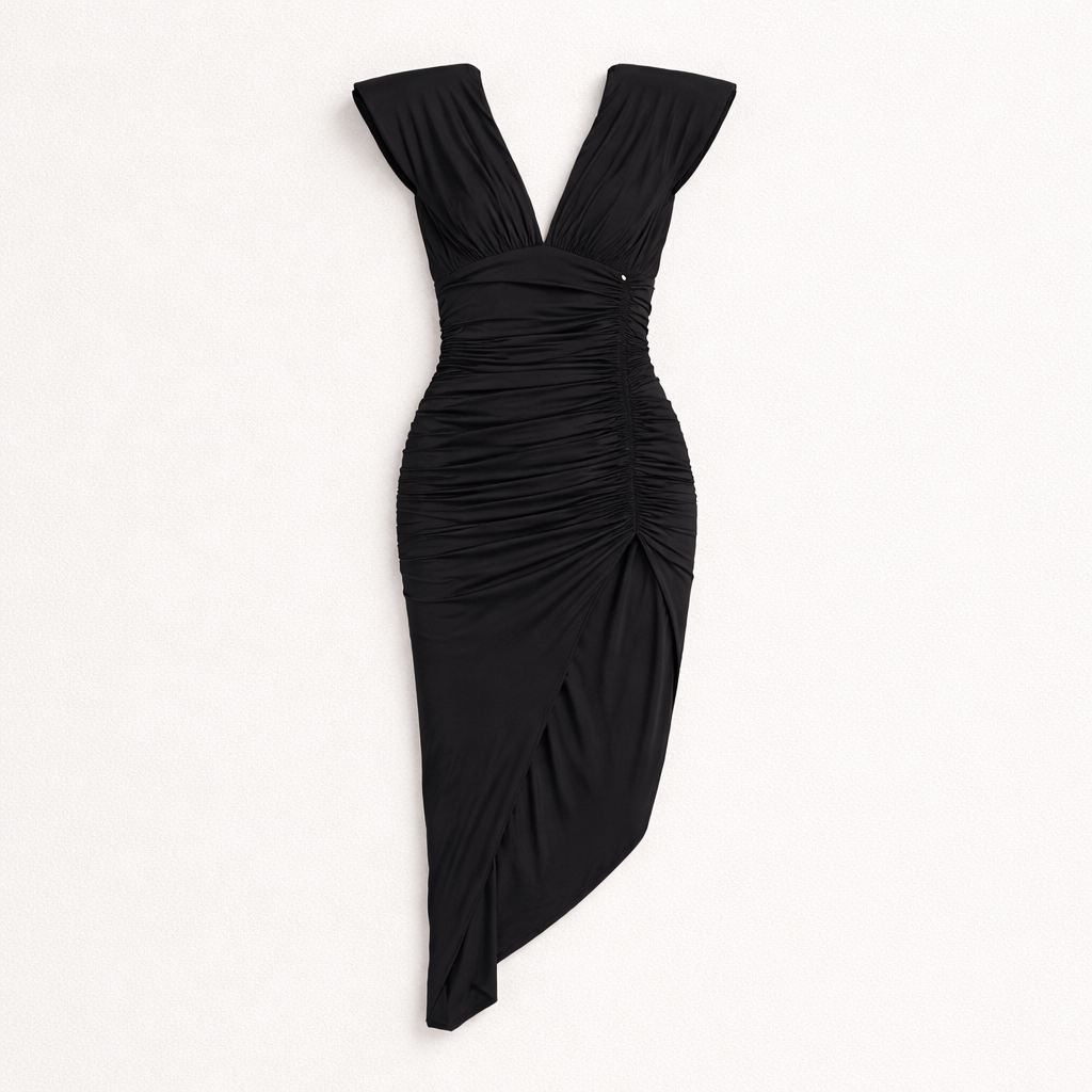 Rochie midi cu drapaj și slit elegant