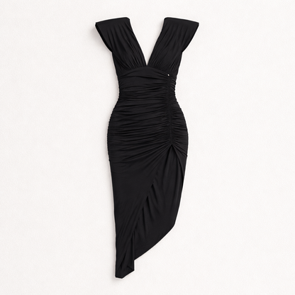 Rochie midi cu drapaj și slit elegant