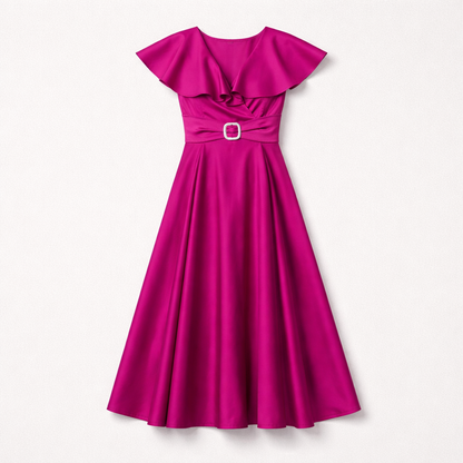 Rochie midi elegantă fucsia cu volane și talie accentuată