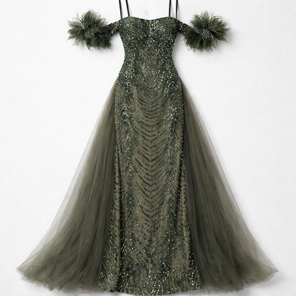 Rochie de seară couture cu paiete și trenă din tull