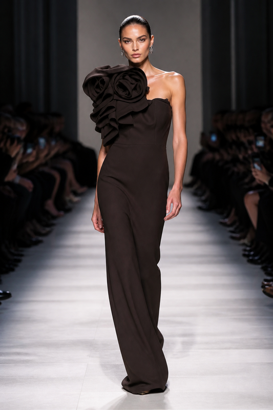 Rochie elegantă lungă pe un umăr.