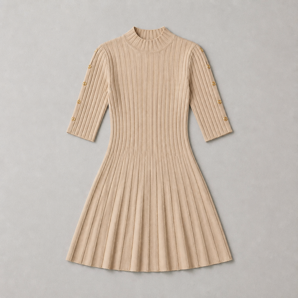 Rochie tricotată elegantă cu nasturi aurii