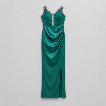 Rochie lungă elegantă din satin verde smarald cu decolteu corset