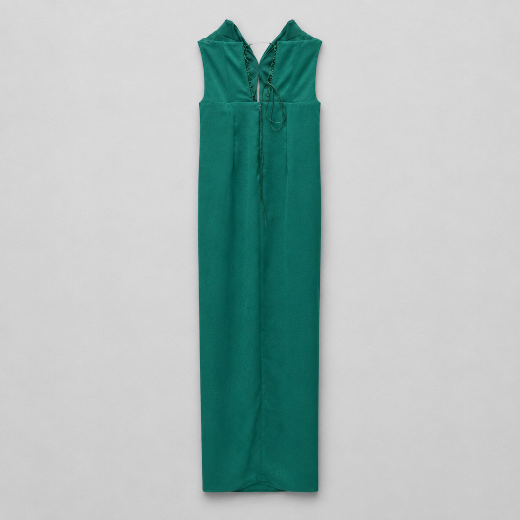 Rochie lungă elegantă din satin verde smarald cu decolteu corset