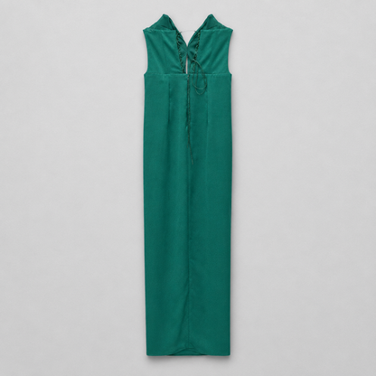 Rochie lungă elegantă din satin verde smarald cu decolteu corset
