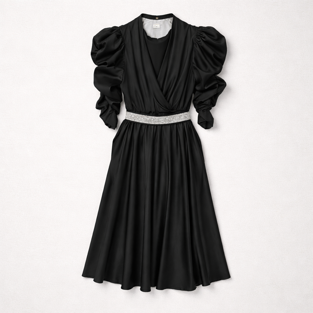 Rochie midi neagră cu mâneci încrețite