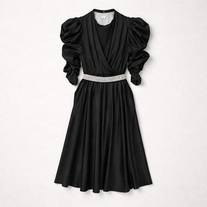 Rochie midi neagră cu mâneci încrețite