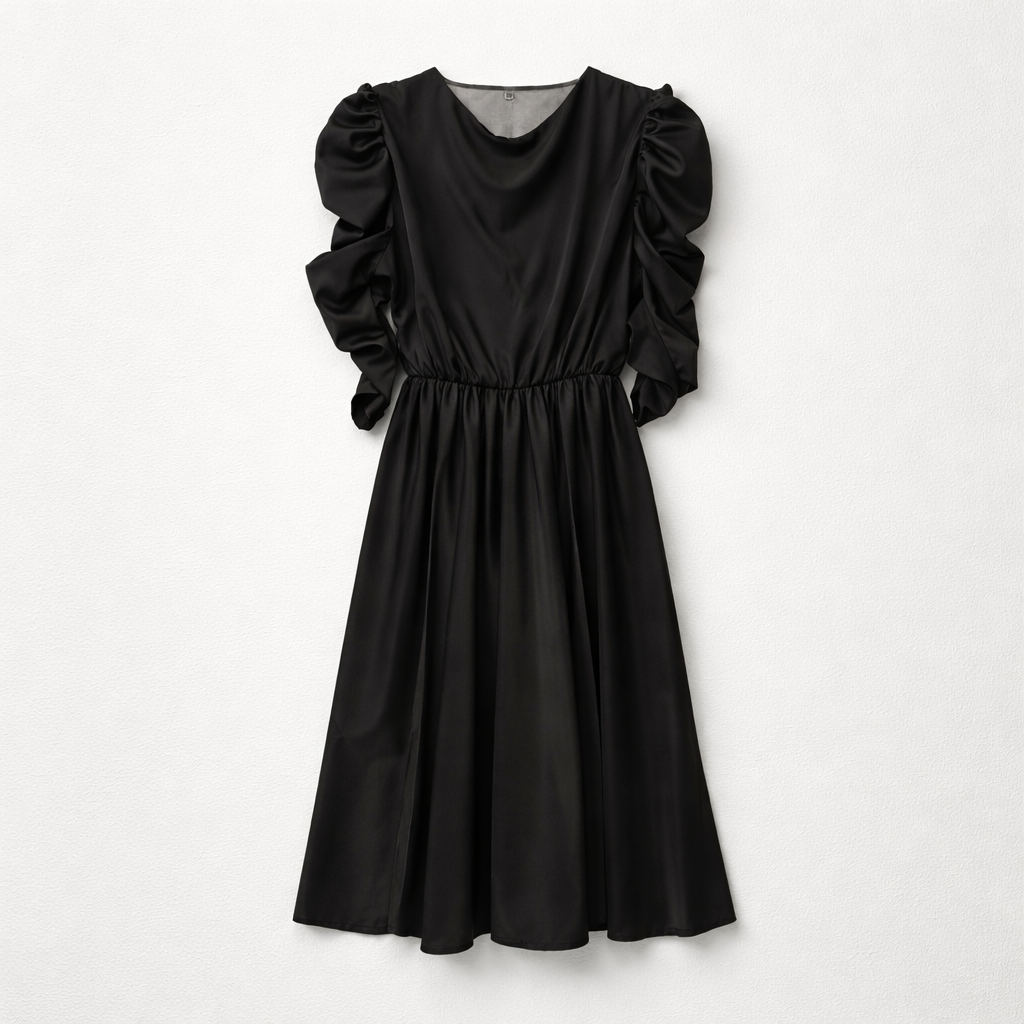 Rochie midi neagră cu mâneci încrețite