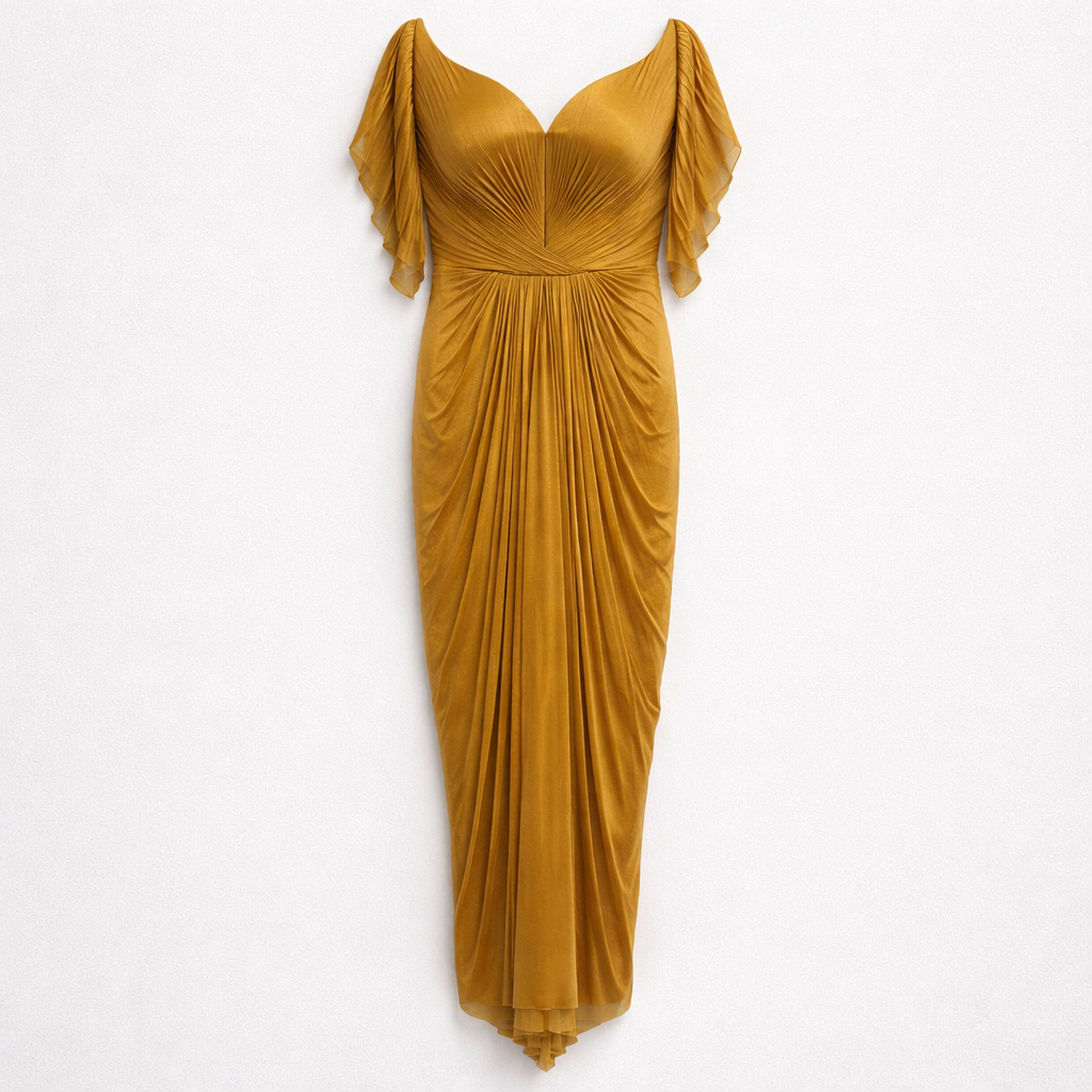Rochie din mătase naturală, lungă, cu decolteu în V și drapaj elegant