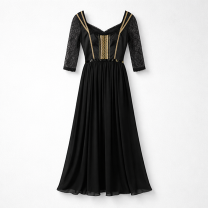 Rochie lungă elegantă neagră cu dantelă și detalii aurii