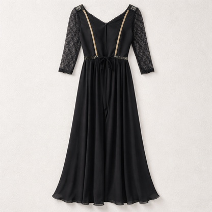 Rochie lungă elegantă neagră cu dantelă și detalii aurii