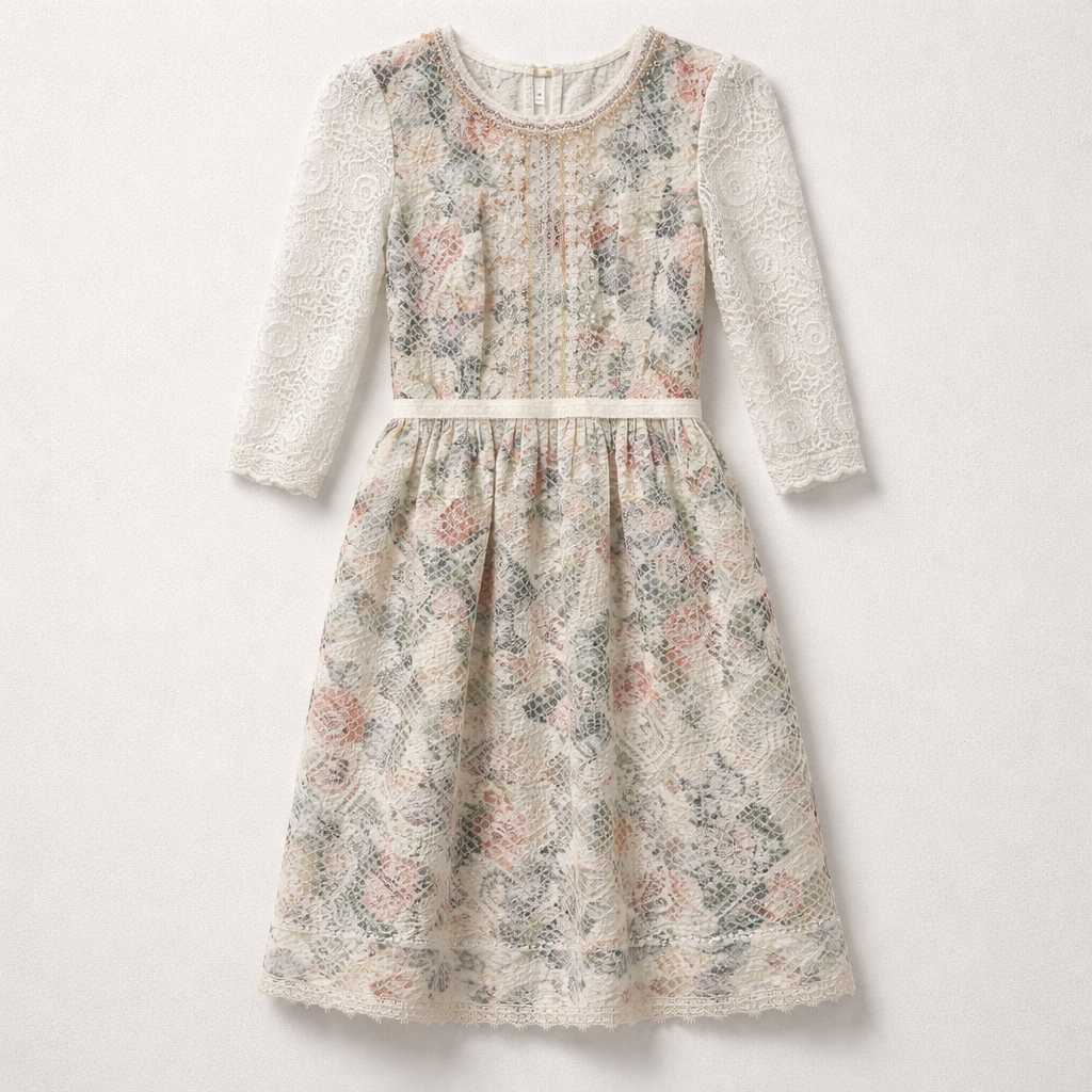 Rochie feminină din dantelă cu imprimeu floral și mâneci lungi