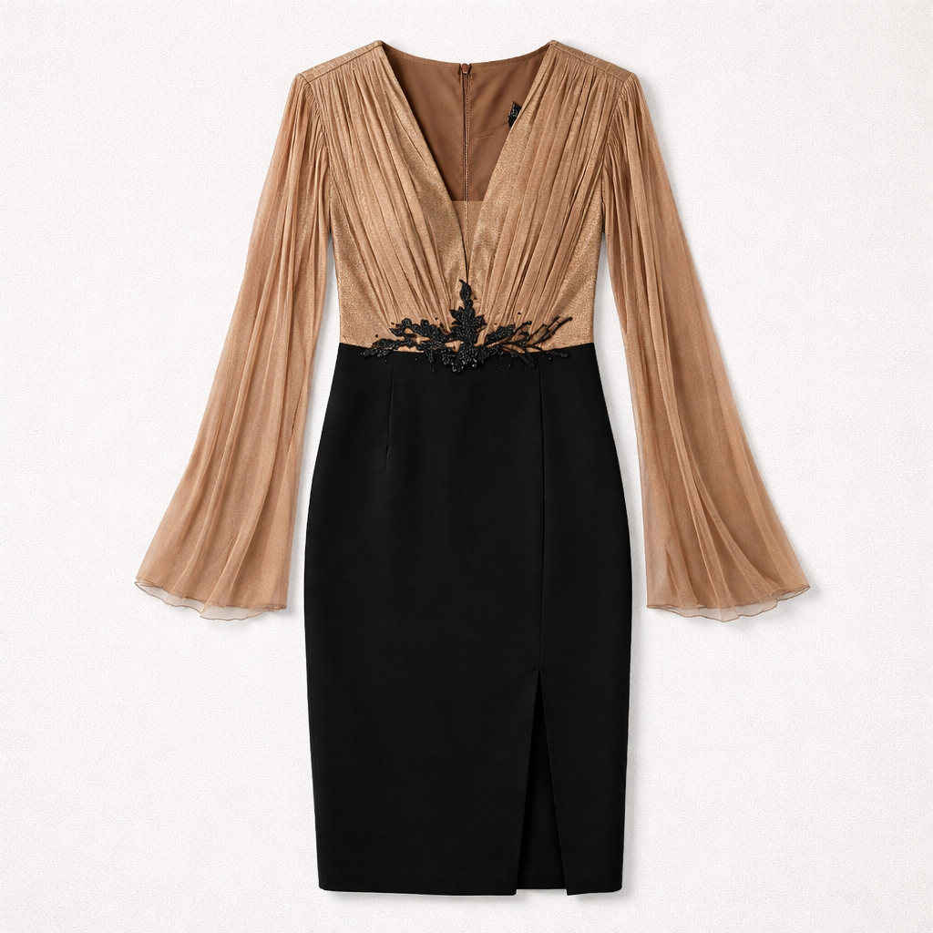 Rochie elegantă din stofă și mătase naturală cu aplicații