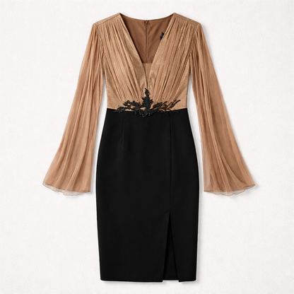 Rochie elegantă din stofă și mătase naturală cu aplicații