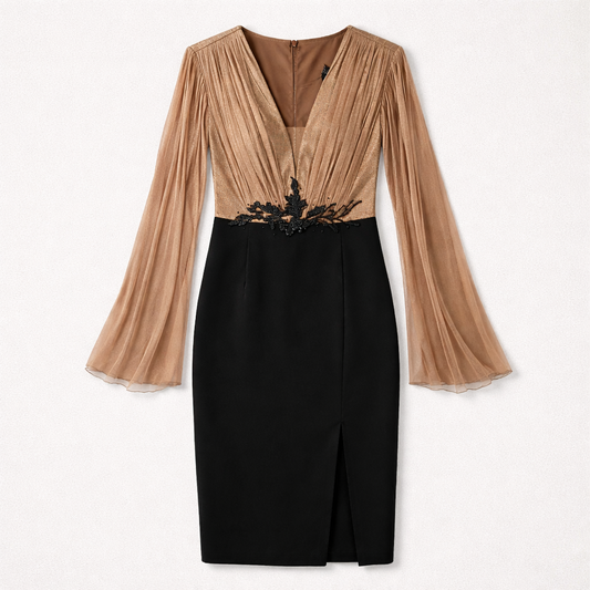 Rochie elegantă din stofă și mătase naturală cu aplicații