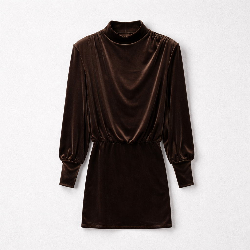 Rochie maro din catifea cu mâneci lungi și talie elastică – stil elegant de sezon