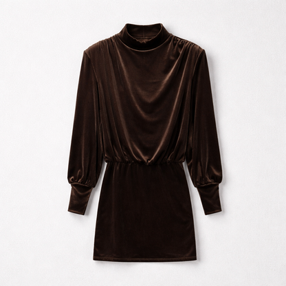 Rochie maro din catifea cu mâneci lungi și talie elastică – stil elegant de sezon