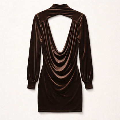 Rochie maro din catifea cu mâneci lungi și talie elastică – stil elegant de sezon