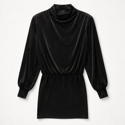 Rochie neagră din catifea cu mâneci lungi și guler lejer – elegantă și feminină