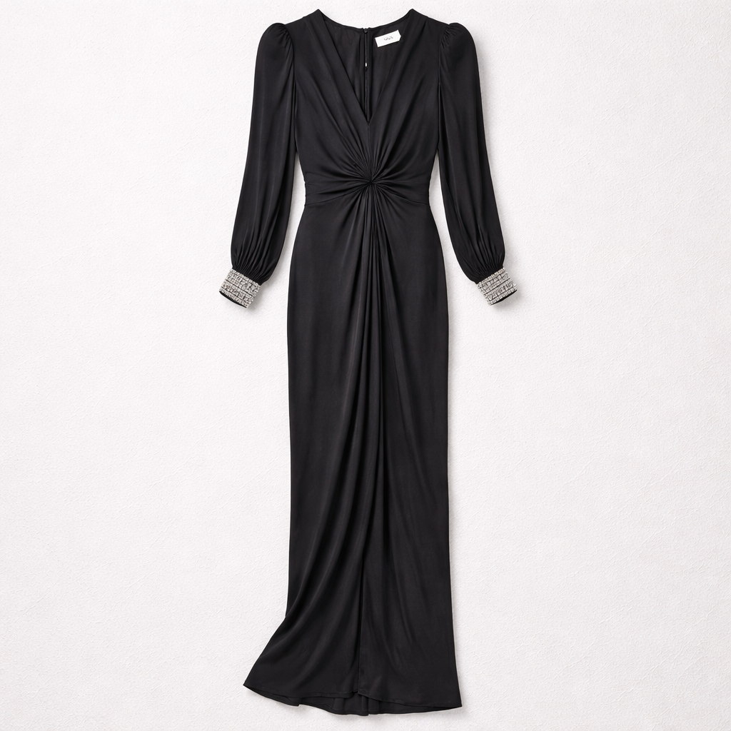 Rochie lungă neagră cu manșete cu pietre și croială elegantă – stil sofisticat