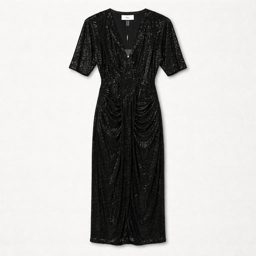Rochie Neagră Midi cu Paiete