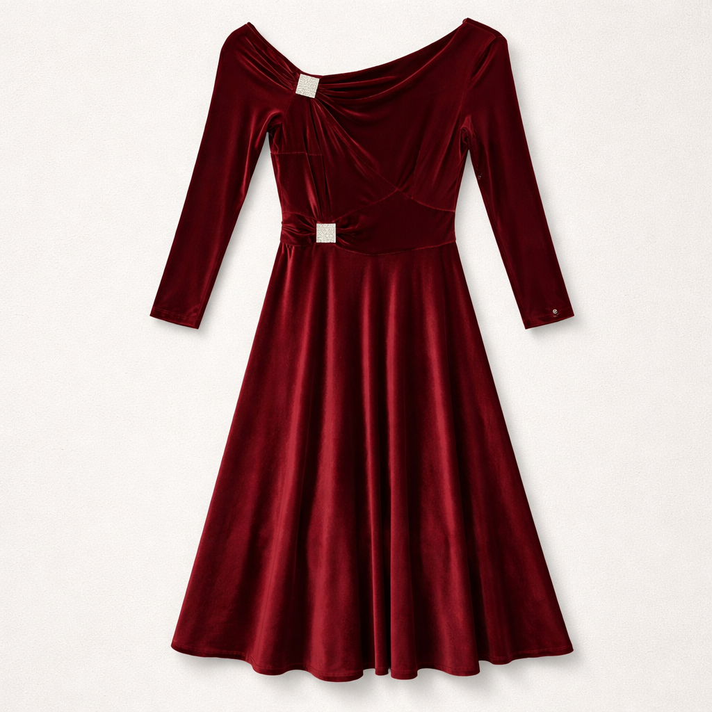 Rochie midi din catifea bordo, elegantă, cu mâneci lungi și detalii decorative