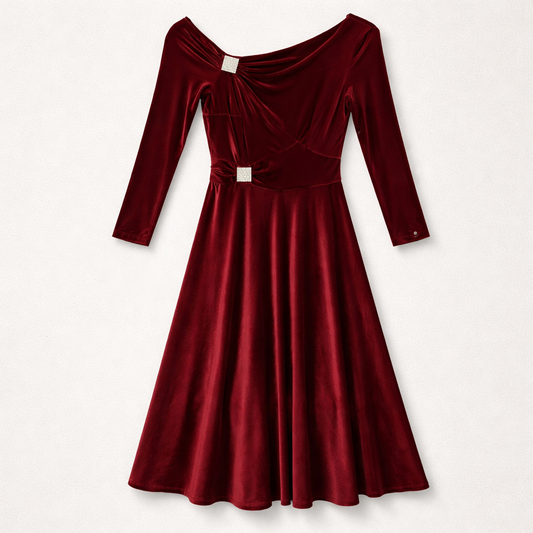 Rochie midi din catifea bordo, elegantă, cu mâneci lungi și detalii decorative