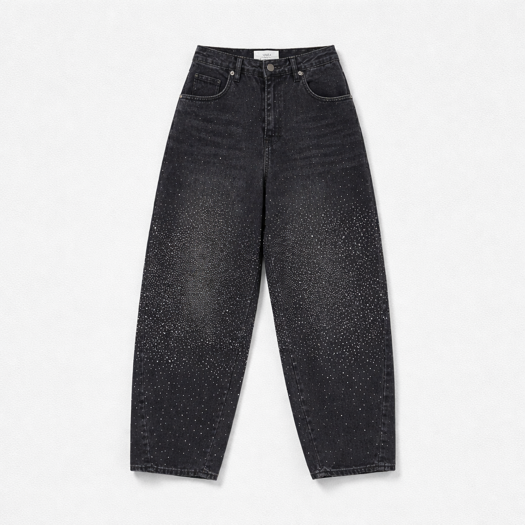 Blugi negri wide leg cu pietricele