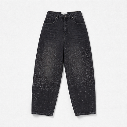 Blugi negri wide leg cu pietricele