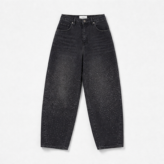 Blugi negri wide leg cu pietricele