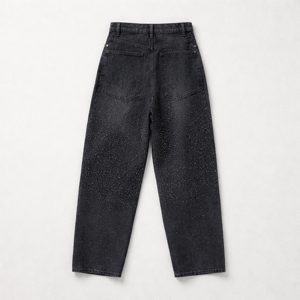 Blugi negri wide leg cu pietricele