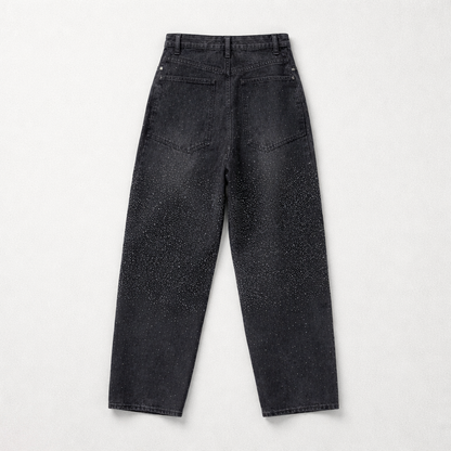 Blugi negri wide leg cu pietricele