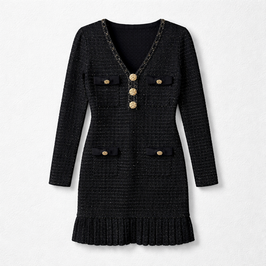 Rochie neagră elegantă tip tweed cu nasturi aurii și volan la bază