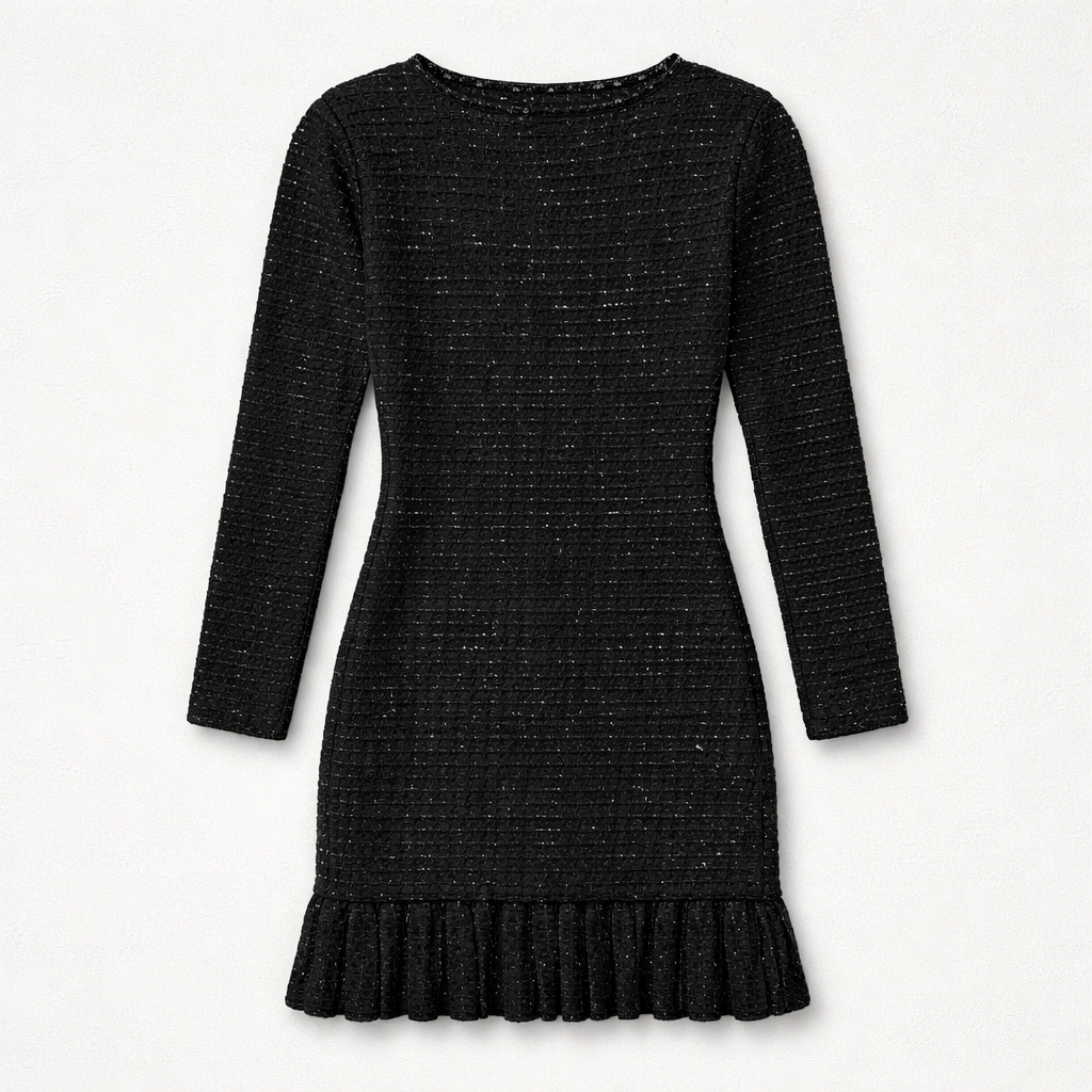 Rochie neagră elegantă tip tweed cu nasturi aurii și volan la bază