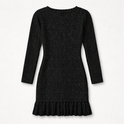 Rochie neagră elegantă tip tweed cu nasturi aurii și volan la bază