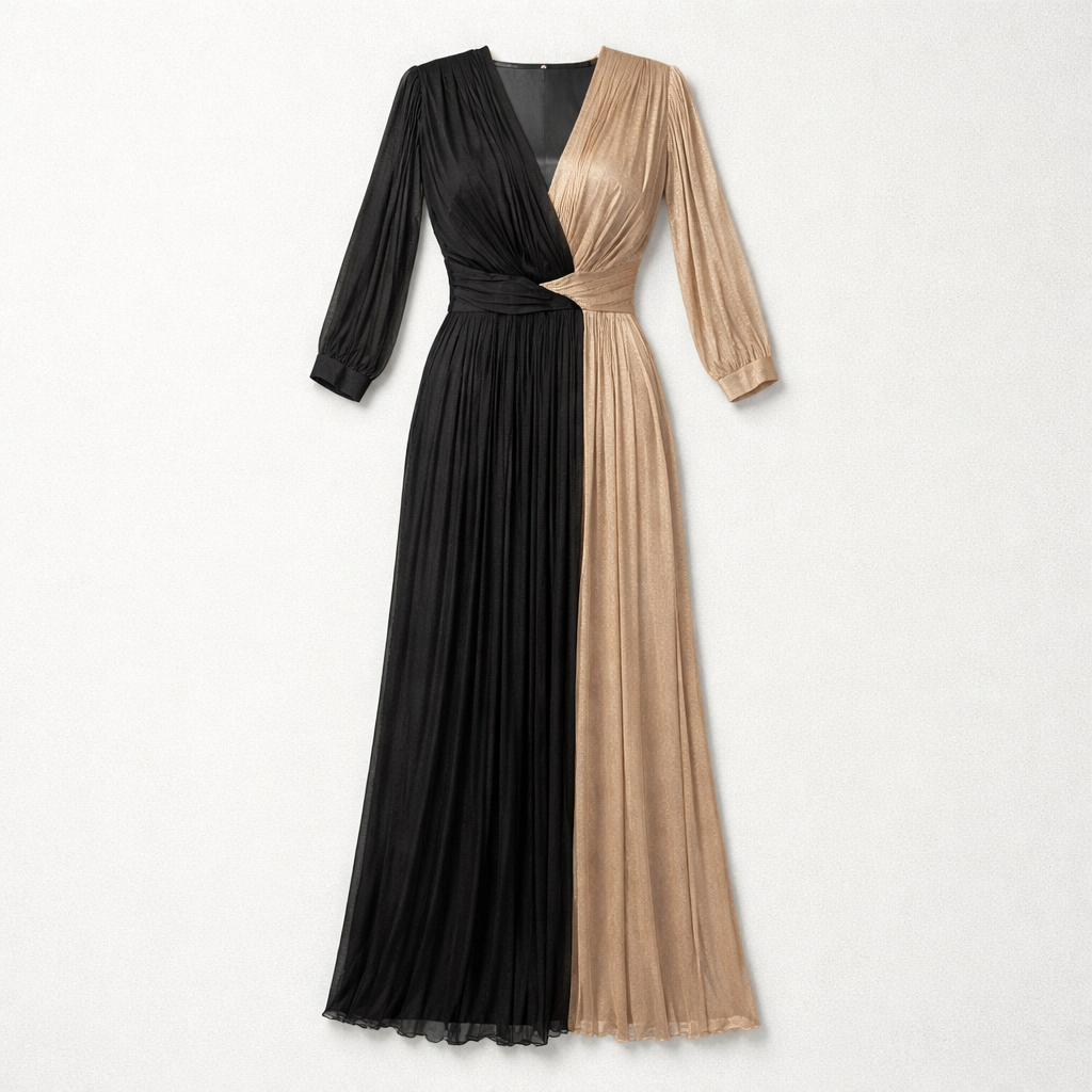 Rochie lungă din matase naturala negru–bej